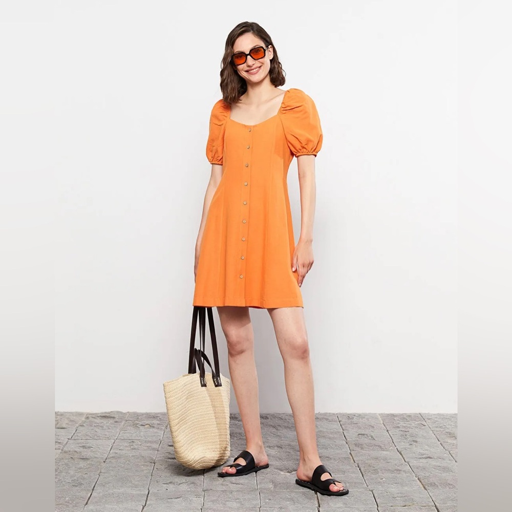 Lush Vibrant Orange Mini Dress with Puff Sleeves size L EUC